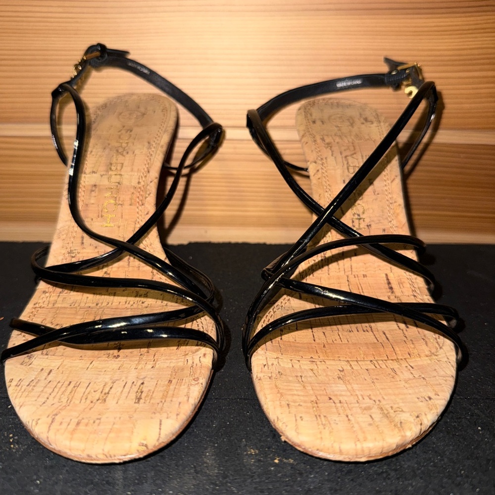 Tory Burch Black Patent Leather Strappy Wedge Sandals